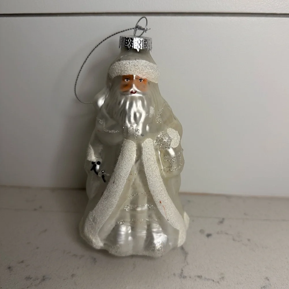 Blown Glass Santa Ornament 5” White Glitter Flocked Set Replacement